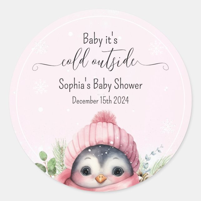 Pink Cold Outdoor Pinguin Winter Baby Dusche Runder Aufkleber (Vorderseite)