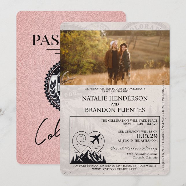 Pink Colorado Passport Hochzeit Einladung (Vorne/Hinten)