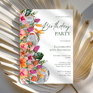 Pink Colorful Tropical Flowers Disco Ball Birthday Einladung