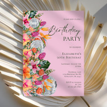 Pink Colorful Tropical Flowers Disco Ball Birthday