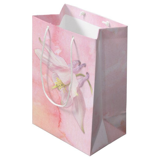 PINK COLUMBINE BLUME WATERCOLOR SPLASH MITTLERE GESCHENKTÜTE (Vorderseite Schrägansicht)