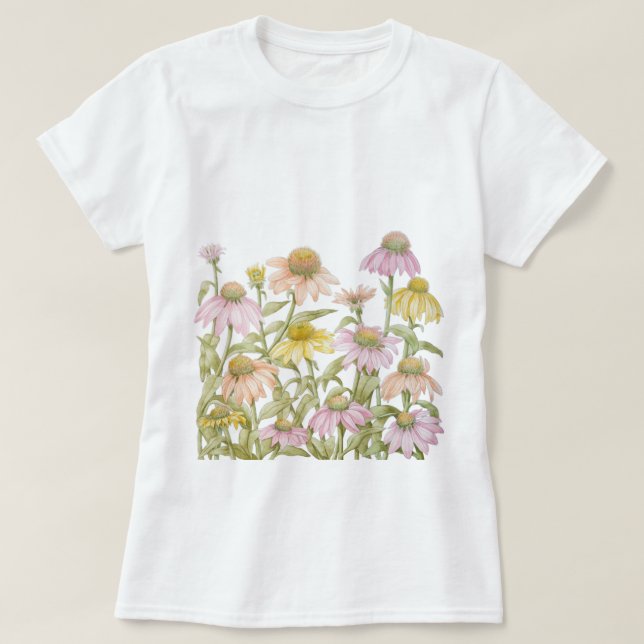 Pink Coneflowers Daisy Floral Botanische Kunst T-Shirt (Design vorne)