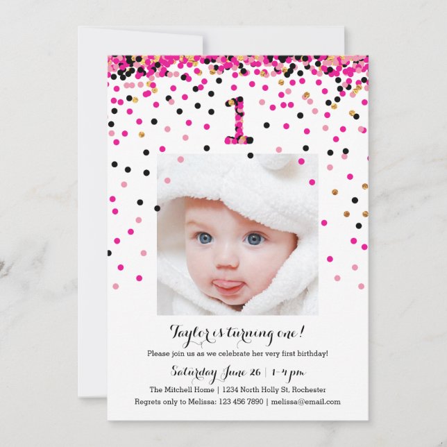 Pink Confetti 1er Anniversaire Photo Invitations F (Devant)