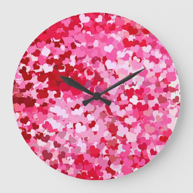 Pink Confetti Hearts Große Wanduhr (Vorderseite)