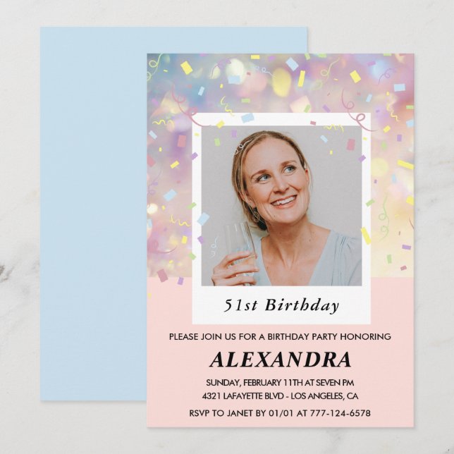 Pink Confetti Photo 51e anniversaire invitations (Devant / Derrière)