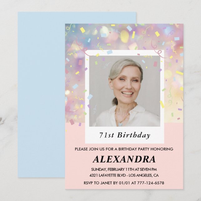 Pink Confetti Photo 71e anniversaire invitations (Devant / Derrière)