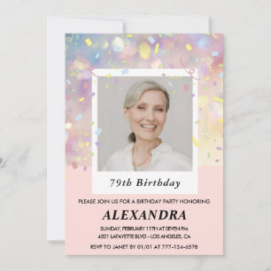 Pink Confetti Photo 79e anniversaire invitations