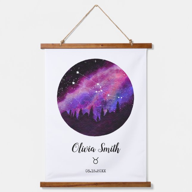 Pink Constellation Taurus Horoskop Unterschrift Wandteppich Mit Holzrahmen (Vorderseite)