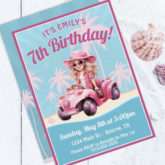 Pink Convertible Beach Geburtstag Einladung (A fun beach or pool party birthday invitation for the fashionable girl.)