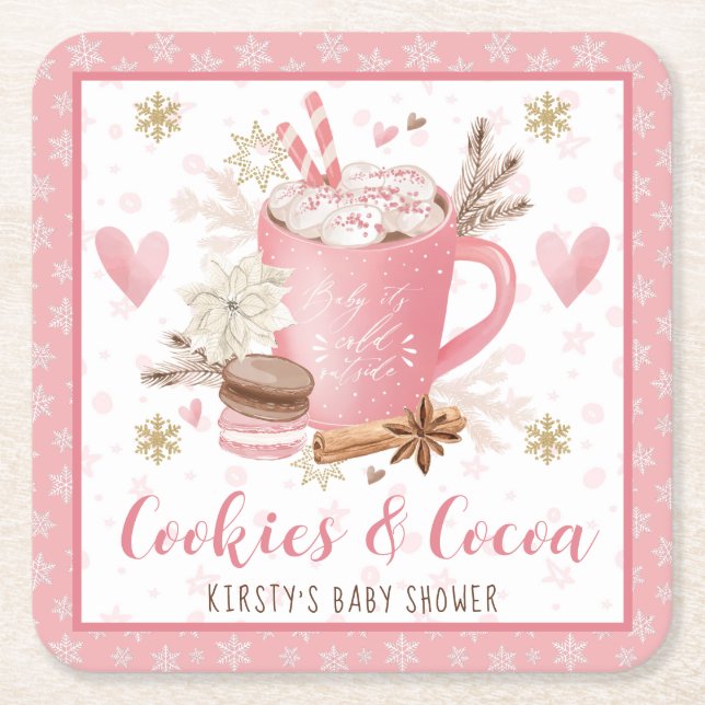 Pink Cookies and Cocoa Baby Shower Rechteckiger Pappuntersetzer (Vorderseite)
