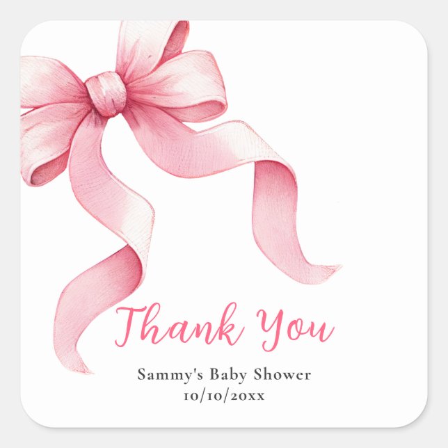 Pink Coquette Bow Baby Dusche Danke Quadratischer Aufkleber (Vorderseite)