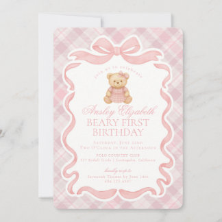 Pink Coquette Bow Bear Beary First Birthday Einladung