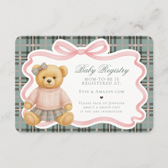 Pink Coquette Bow Bear Plaid Baby Registry Card Begleitkarte (Vorderseite)