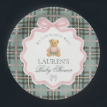 Pink Coquette Bow Bear Plaid Baby Shower  Pappteller<br><div class="desc">We can bearly wait! Welcome your little girl in timeless style with our Preppy Bear Baby Shower Collection. Featuring a classic teddy in a green tartan plaid dress with a pink coquette bow,  this design brings a touch of vintage prep and country club charm to your celebration.</div>