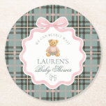 Pink Coquette Bow Bear Plaid Baby Shower  Runder Pappuntersetzer<br><div class="desc">We can bearly wait! Welcome your little girl in timeless style with our Preppy Bear Baby Shower Collection. Featuring a classic teddy in a green tartan plaid dress with a pink coquette bow,  this design brings a touch of vintage prep and country club charm to your celebration.</div>