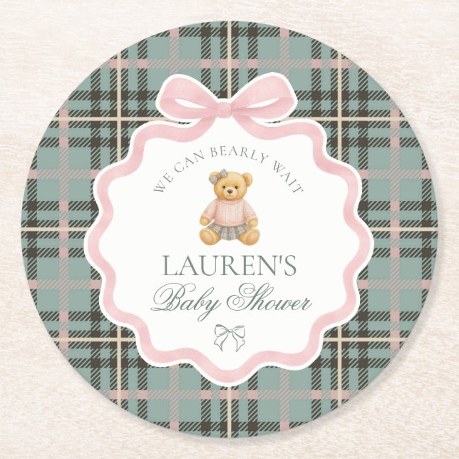 Pink Coquette Bow Bear Plaid Baby Shower  Runder Pappuntersetzer (Vorderseite)