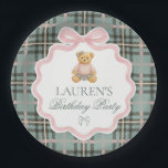 Pink Coquette Bow Bear Plaid Birthday  Pappteller<br><div class="desc">It’s a beary first birthday! Celebrate your little girl in timeless style with our Preppy Bear First Birthday Collection. Featuring a classic teddy in a green tartan plaid dress with a pink coquette bow,  this design brings a touch of vintage prep and country club charm to your celebration.</div>