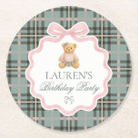 Pink Coquette Bow Bear Plaid Birthday  Runder Pappuntersetzer<br><div class="desc">It’s a beary first birthday! Celebrate your little girl in timeless style with our Preppy Bear First Birthday Collection. Featuring a classic teddy in a green tartan plaid dress with a pink coquette bow,  this design brings a touch of vintage prep and country club charm to your celebration.</div>