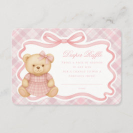 Pink Coquette Bow Bear Plaid Diaper Raffle Card Begleitkarte