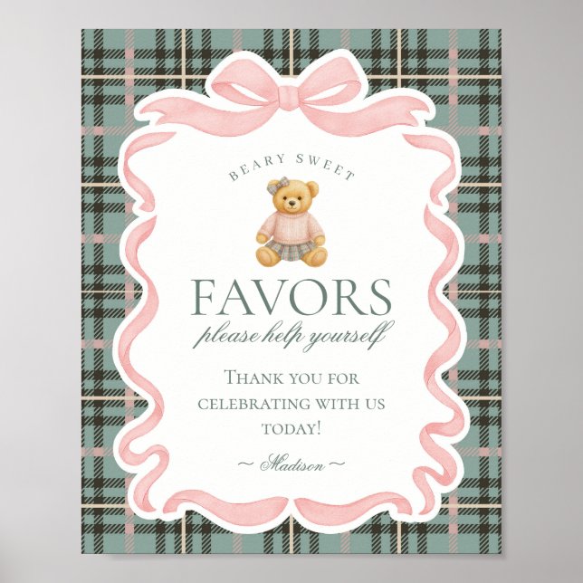 Pink Coquette Bow Bear Plaid Party Favors Sign Poster (Vorne)
