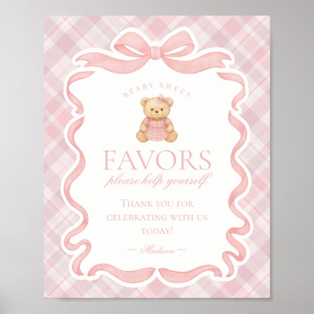 Pink Coquette Bow Bear Plaid Party Favors Sign Poster (Vorne)