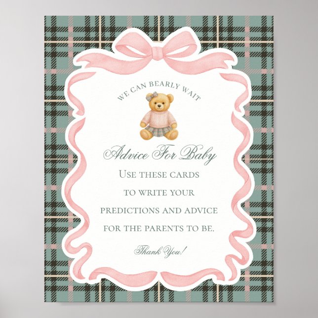 Pink Coquette Bow Bear Shower Advice for Baby Poster (Vorne)