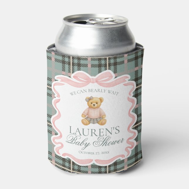 Pink Coquette Bow Bear Tartan Baby Shower Favor Dosenkühler (Kanne Vorderseite)