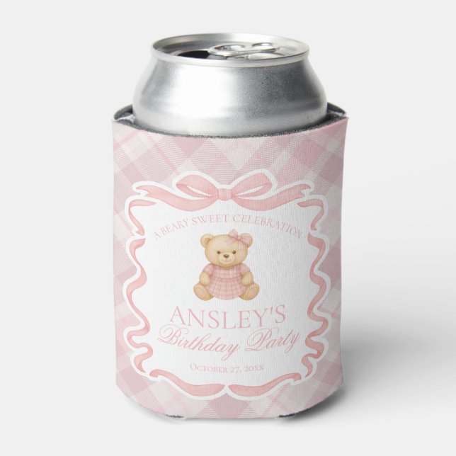 Pink Coquette Bow Bear Tartan Birthday Favor Dosenkühler (Kanne Vorderseite)