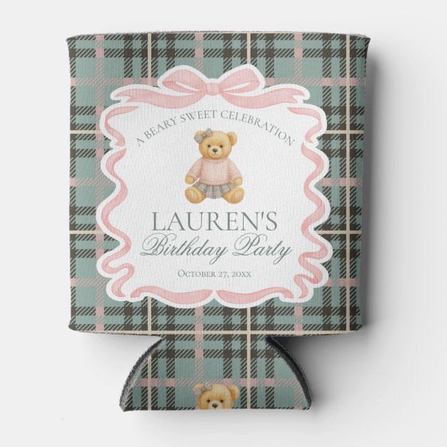 Pink Coquette Bow Bear Tartan Birthday Favor Dosenkühler (Vorderseite)