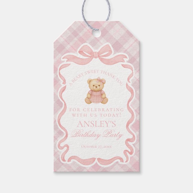 Pink Coquette Bow Bear Tartan Birthday Favors Geschenkanhänger (Vorderseite)