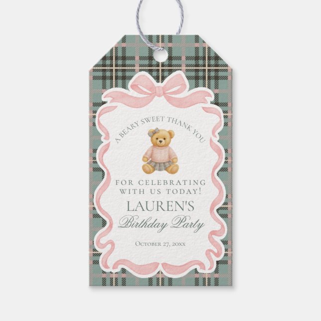 Pink Coquette Bow Bear Tartan Birthday Favors Geschenkanhänger (Vorderseite)
