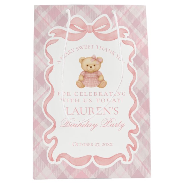 Pink Coquette Bow Bear Tartan Birthday Favors Mittlere Geschenktüte (Vorderseite)