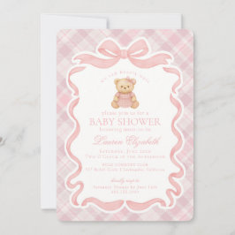 Pink Coquette Bow Bear Tartan Plaid Baby Shower Einladung