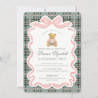 Pink Coquette Bow Bear Tartan Plaid Birthday Einladung