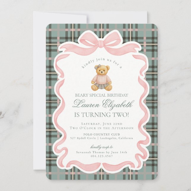 Pink Coquette Bow Bear Tartan Plaid Birthday Einladung (Vorderseite)