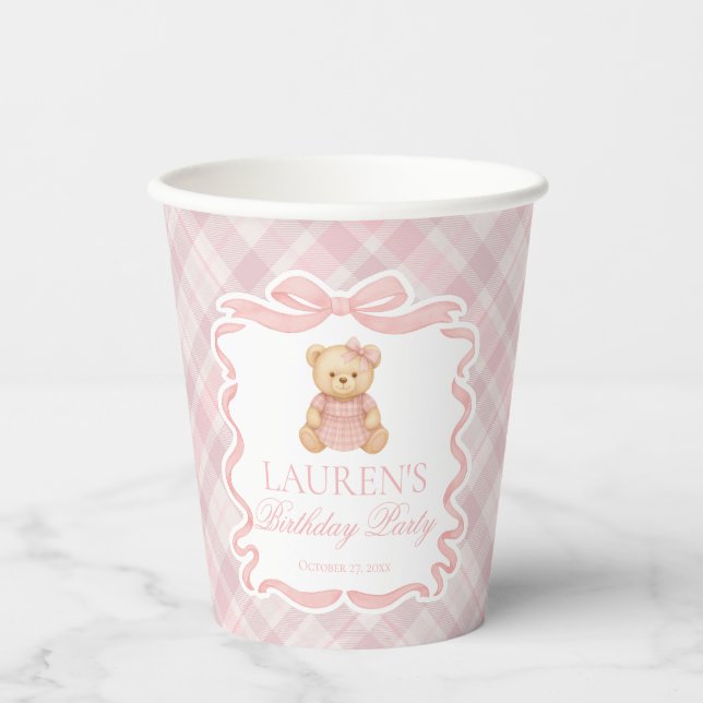 Pink Coquette Bow Bear Tartan Plaid Birthday Pappbecher (Vorderseite)