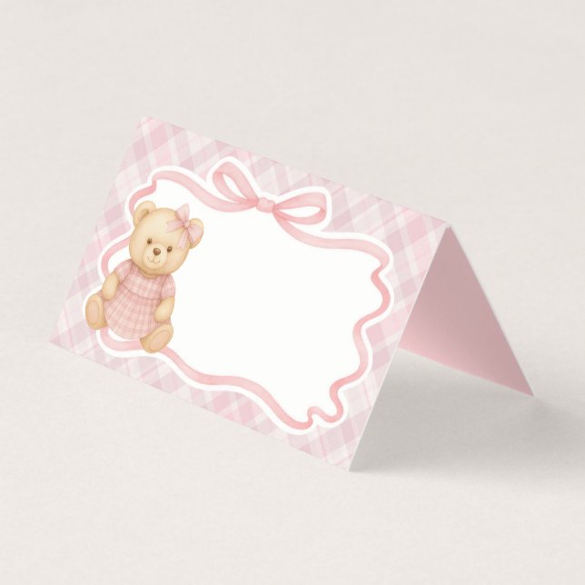 Pink Coquette Bow Bear Tartan Plaid Place Card (Vorderseite)