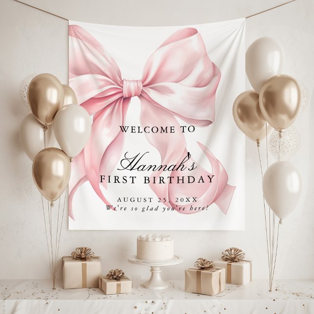 Pink Coquette Bow Birthday Party Welcome Sign Wandteppich (Von Creator hochgeladen)