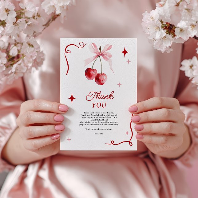 Pink Coquette Bow Cherry auf der Girl Baby Dusche Dankeskarte (Pink Coquette Bow Cherry On top Girl Baby Shower Thank You Card)