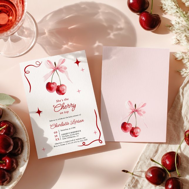 Pink Coquette Bow Cherry auf der Girl Baby Dusche Einladung (Pink Coquette Bow Cherry On top Girl Baby Shower Invitation)