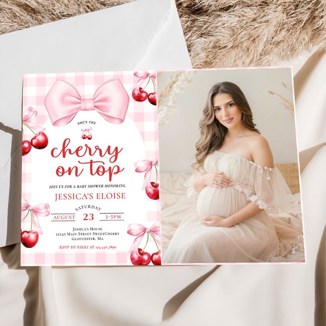 Pink Coquette Bow Cherry On Top Baby Shower Photo Einladung (Von Creator hochgeladen)