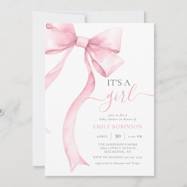 Pink Coquette Bow Es ist ein Girl Baby Dusche Ging Einladung (Vorderseite)
