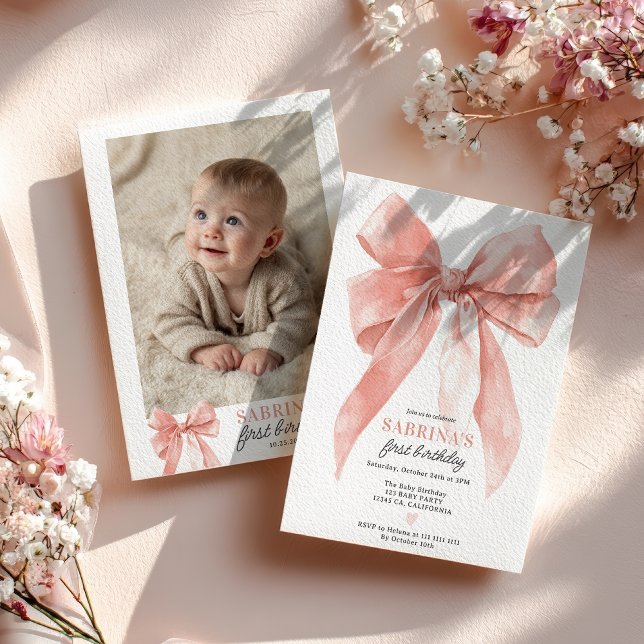 Pink Coquette Bow Girl 1st Birthday Party Photo Einladung (Pink Coquette Bow Girl 1st Birthday Party Photo Invitation)