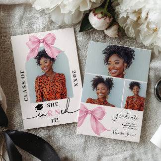 Pink Coquette Bow Nurse 4-Photo Graduation Einladung