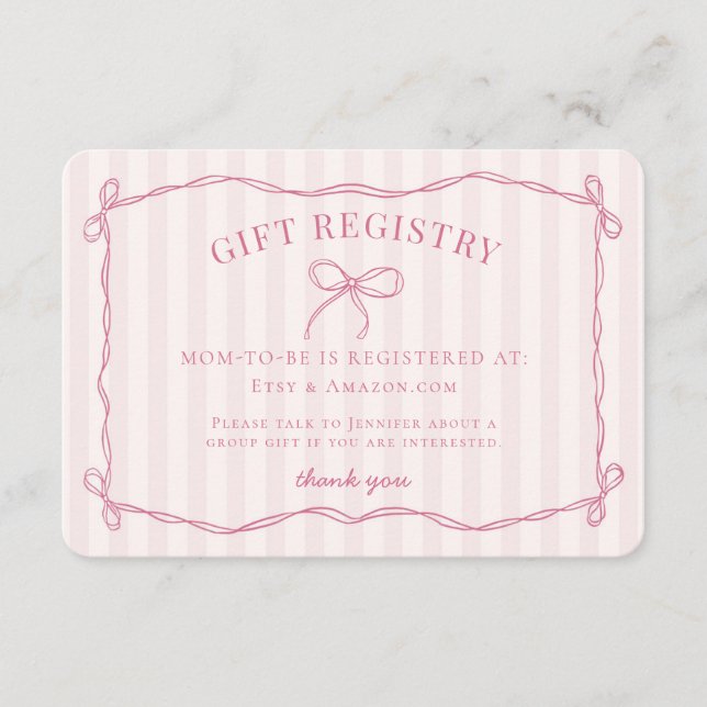 Pink Coquette Bow Pastel Baby Dusche Registrierung Begleitkarte (Vorderseite)