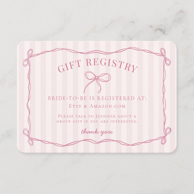 Pink Coquette Bow Pastell Brautparty Registrierung Begleitkarte (Vorderseite)