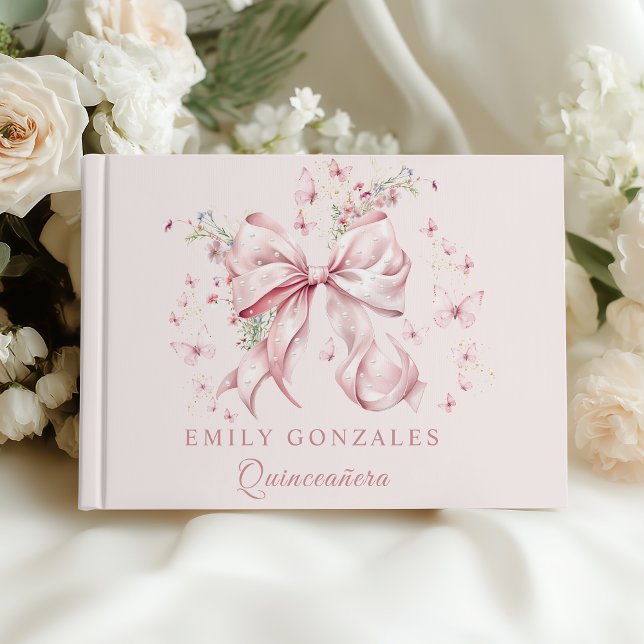 Pink Coquette Bow Pearls Quinceañera Geburtstag Gästebuch (Pink Bow Pearls quinceañera guest book)
