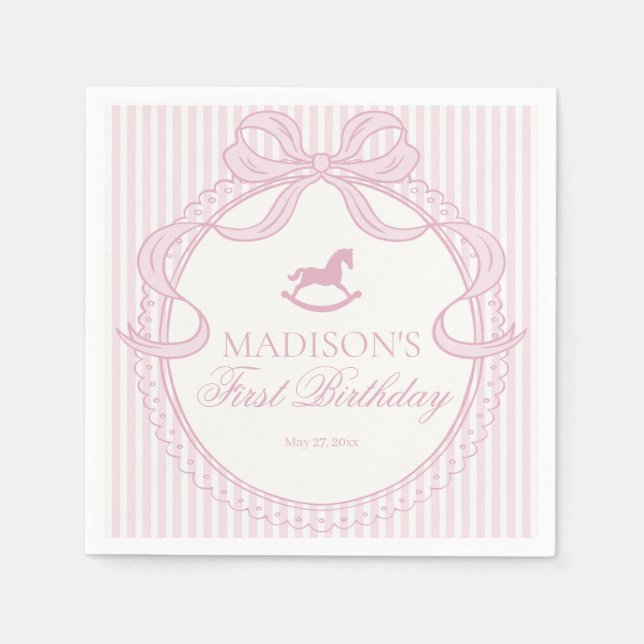 Pink Coquette Bow Rocking Horse Birthday Dessert Serviette (Vorderseite)