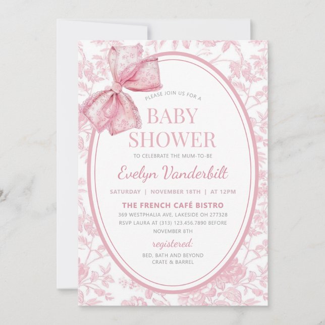 Pink Coquette Bow Toile Chinoiserie Babydusche Einladung (Vorderseite)
