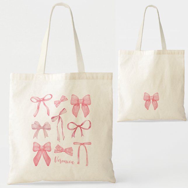 Pink Coquette Bow Trendy Feminine Girl Ästhetik Tragetasche (Pink bow Coquette trend aesthetic tote bag personalized accessories with first name for bachelorette)